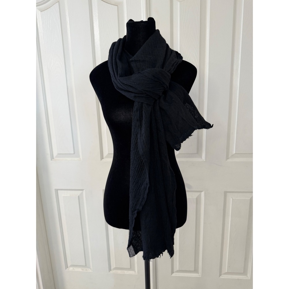 Vintage 100% Cashmere Scarf Black Handmade Crinkle Gauze Wrap Made in Kashmir